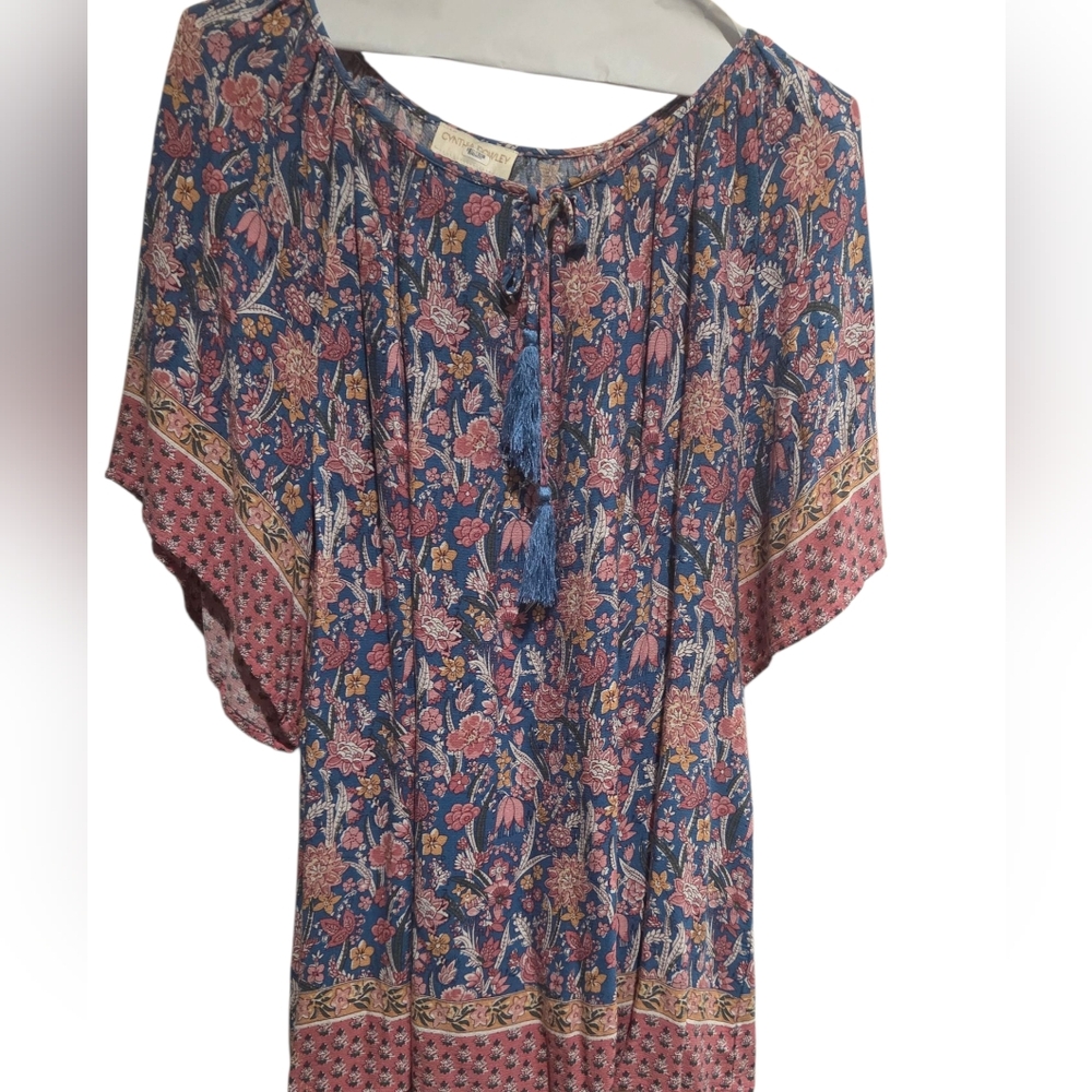 Cynthia Rowley Blue Floral Boho Peasant Top with Pink Accents